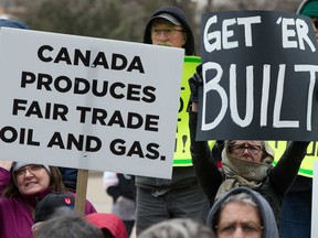 Demonstrators rally in 2018 in favour of the Trans Mountain pipeline expansion outside the Alberta Legislature, in Edmonton.