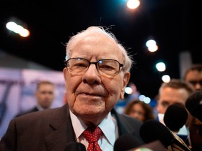 Warren Buffett, CEO of Berkshire Hathaway, speaks to the press as he arrives at the 2019 annual shareholders meeting in Omaha, Nebraska.