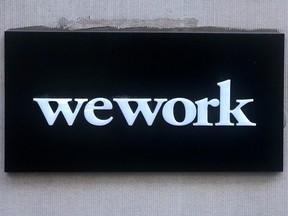 A WeWork logo is pictured in the Manhattan borough of New York City, New York.