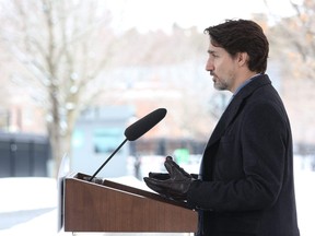 Prime Minister Justin Trudeau speaks during a news conference on COVID-19 situation in Canada from his residence March 24, 2020.