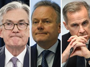 U.S. Federal Reserve chair Jerome Powell, left, Bank of Canada Governor Stephen Poloz, centre, and Bank of England Governor Mark Carney have now all made emergency rate cuts.