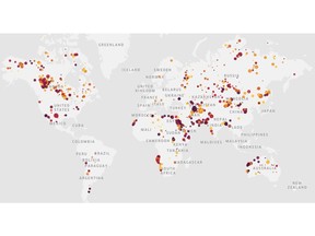 Sample of abnormal methane concentrations (40 ppb above background) detected by Kayrros – analysis over 2019. The size and colour of the circles indicate the size and intensity of the plume detected. The redder the colour, the higher the concentration of the methane plume. Source: Kayrros analysis, contains modified Copernicus data [2019].