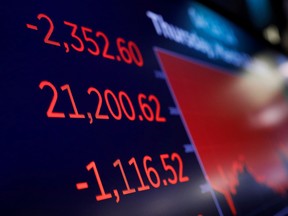 A price screen display above the floor of the New York Stock Exchange (NYSE) after the close of trading in New York, U.S., March 12, 2020.