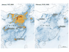 A handout photo released on March 2, 2020 by Nasa and Earth Observatory shows maps displaying nitrogen dioxide (NO2) values across China from January 1-20, 2020 (before the quarantine) and February 10-25 (during the quarantine) which illustrates a significant decrease in NO2 over China, partly related to the economic slowdown following the outbreak of the COVID-19.