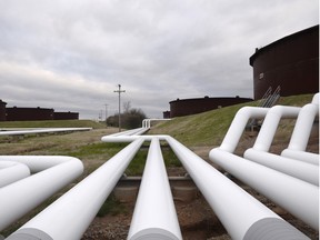 Pipelines run to Enbridge Inc.'s crude oil storage tanks at their tank farm in Cushing, Oklahoma.