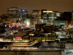 A view of downtown Ottawa at night.