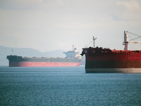 Freighter ships sit anchored off Vancouver Island on Feb. 26, 2020.