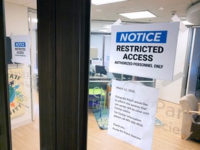 A daycare inside the east tower of the Suncor Energy Centre in Calgary was closed on Thursday, March 12, 2020 after a child tested positive for COVID-19.