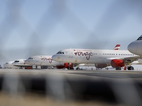 Air Canada aircraft sit on the tarmac at Toronto Pearson International Airport (YYZ) in Toronto, April 8, 2020.