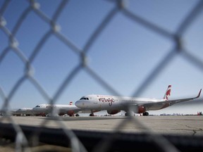Air Canada aircraft sit on the tarmac at Toronto Pearson International Airport on April 8, 2020. On that date the airport was averaging 200 flights per day, down from 1,200 before the Covid-19 pandemic, CTV News reported.