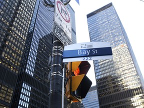 A "Bay Street" sign is displayed in the financial district of Toronto.