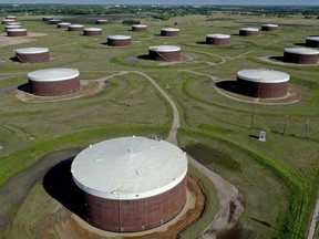An aerial view of a crude oil storage facility in Cushing, Oklahoma. WTI crude fell Monday on fears that storage at Cushing could reach full capacity soon.