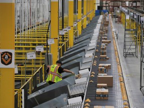 The inside of an Amazon fulfilment centre in 2019.