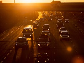 Vehicles travel along highway 401 in Toronto, April 6, 2020.