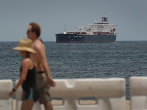 The crude oil tanker, Chemtrans Cancale, is seen anchored off shore as it waits to dock at Port Everglades on April 20, 2020 in Fort Lauderdale, Florida.