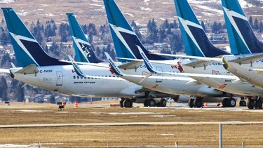 Dozens of WestJet planes are being parked around the Calgary International Airport as the COVID-19 pandemic shuts down most passenger air traffic around the world.