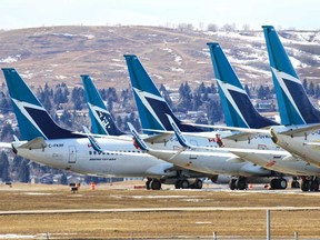 Dozens of WestJet planes are being parked around the Calgary International Airport as the COVID-19 pandemic shuts down most passenger air traffic around the world.