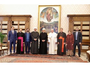 Members of the Higher Committee of Human Fraternity (HCHF) meeting with Pope Francis ‎and Sheikh Ahmed el-Tayeb, Grand Imam of Al-Azhar
