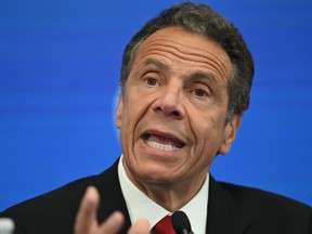 Governor of New York Andrew Cuomo speaks during a press conference at the New York Stock Exchange (NYSE) on May 26, 2020 at Wall Street in New York City.