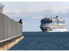 The AIDAdiva cruise ship, on a 10-day trip from New York to Montreal, arrives in Halifax on Friday, Oct. 19, 2018.  THE CANADIAN PRESS/Andrew Vaughan
