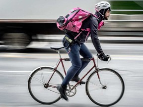A Foodora delivery cyclist in Toronto. After the union started its organizing drive, Foodora announced that Canada was not the place for it and shut down shop.