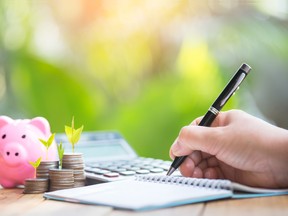 The hand of a woman who is recording financial planning piggy bank for step up growing business to profit and saving with piggy bank