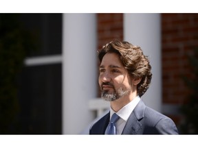 Prime Minister Justin Trudeau takes part in a press conference at Rideau Cottage during the COVID-19 pandemic in Ottawa on Wednesday, May 13, 2020.