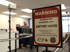 A temperature screening area is set up in an office to demonstrate the use of Dahua Technology's thermal imaging cameras in San Francisco, California.