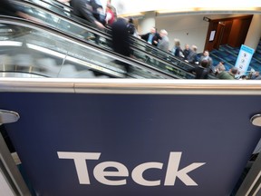 Visitors pass a sign of sponsor Teck Resources at the Prospectors and Developers Association of Canada (PDAC) annual conference in Toronto, Ontario, March 1, 2020.