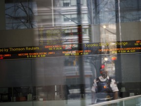 A Toronto Stock Exchange (TSX) ticker is seen in the financial district of Toronto.
