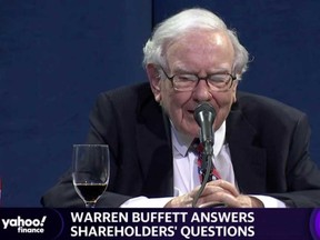 Warren Buffett addresses shareholders at the annual meeting of his Berkshire Hathaway Inc, which is being virtually broadcast due to the coronavirus pandemic, in Omaha, Nebraska on Saturday.