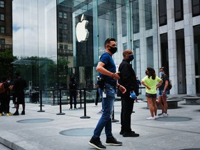 The 5th Avenue Apple store stands in Manhattan as it re-opens for appointments on June 18, 2020 in New York City.
