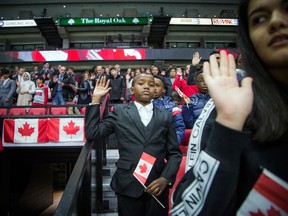 A citizenship ceremony ahead of a hockey game in Ottawa on Saturday Jan. 18, 2020.