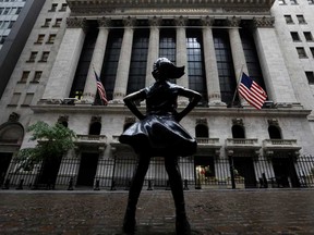The Fearless Girl statue is seen outside the New York Stock Exchange.