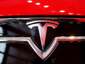 A Tesla logo on a Model S.