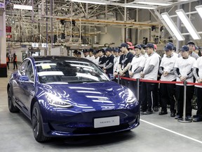 A Tesla Model 3 at the company’s Gigafactory in Shanghai, China.