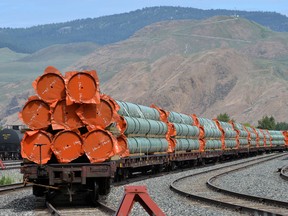 Steel pipe to be used in Trans Mountain pipeline construction.