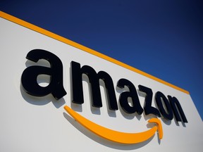 The logo of Amazon is seen at the company logistics centre in Lauwin-Planque, northern France.