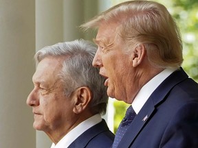 Mexico's President Andres Manuel Lopez Obrador joins U.S. President Donald Trump in the Rose Garden at the White House, July 8, 2020.