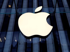 The Apple Inc. logo is seen hanging at the entrance to the Apple store on 5th Avenue in Manhattan, New York.