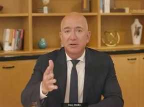 Amazon CEO Jeff Bezos testifies remotely by video conference during a U.S. House Judiciary Subcommittee on Antitrust, Commercial and Administrative Law hearing on "Online Platforms and Market Power" in this screen grab made from video as the committee met in Washington July 29, 2020. Reuters