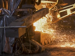 Sparks fly from the arc furnace at Liberty Steel's Thrybergh mill in Rotherham, U.K.