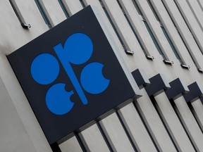 The logo of the Organisation of the Petroleum Exporting Countries (OPEC) sits outside its headquarters in Austria.