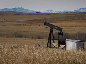 A de-commissioned pumpjack is shown at a well head on an oil and gas installation near Cremona, Alta.