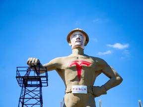 The Golden Driller, painted as Tesla founder Elon Musk, is seen during a news conference for "Tulsa for Tesla" at Expo Square in Tulsa, Oklahoma, U.S. May 20, 2020.
