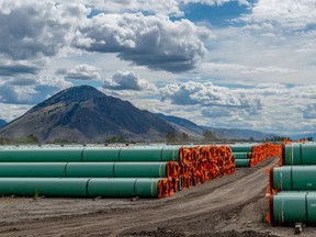 Steel pipe to be used in the construction of the Trans Mountain pipeline in Kamloops, B.C., on June 18, 2019.
