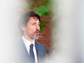 Prime Minister Justin Trudeau at a daily briefing at Rideau Cottage in Ottawa.