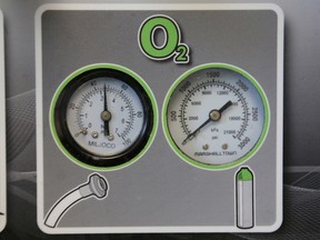 Gauges to regulate oxygen on a ventilator are seen at a lab run by the University Health Network in Toronto.