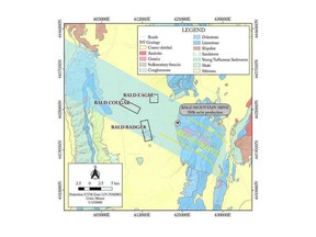 Figure 1. Regional Geology map depicting location of Big Balds (in black polygons).