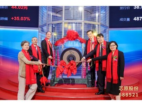 Dr. Dai Weimin (top right), Chairman and President of VeriSilicon, Guan Xiaojun (right middle), Deputy District Mayor of Pudong New Area, attended the VeriSilicon IPO ceremony